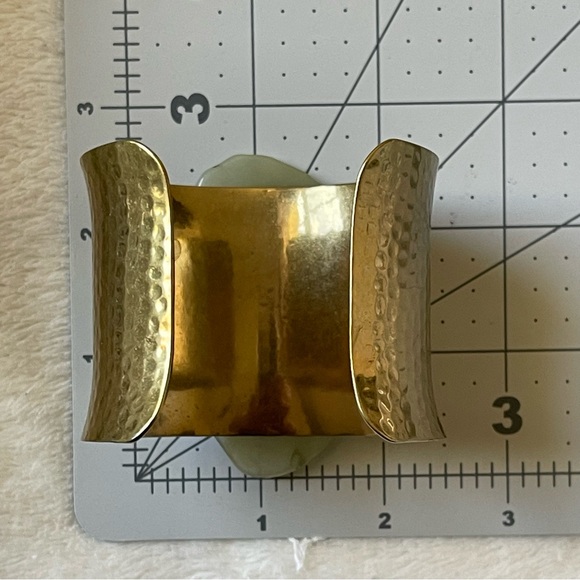 Hammered Brass Cuff Bracelet Adorned with Acrylic Pale Green Stone - Picture 16 of 16